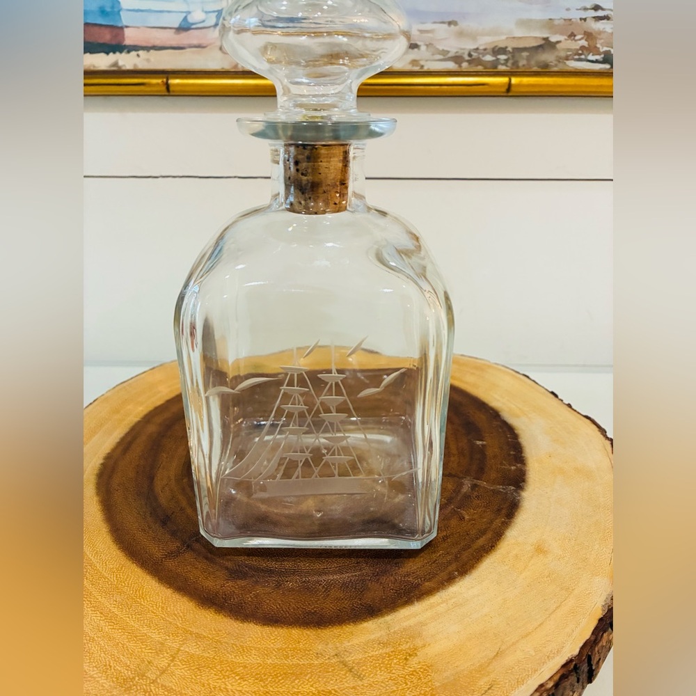 Italian Etched Ship Whiskey Decanter Clear Glass Vintage Bottle with Ship Bar